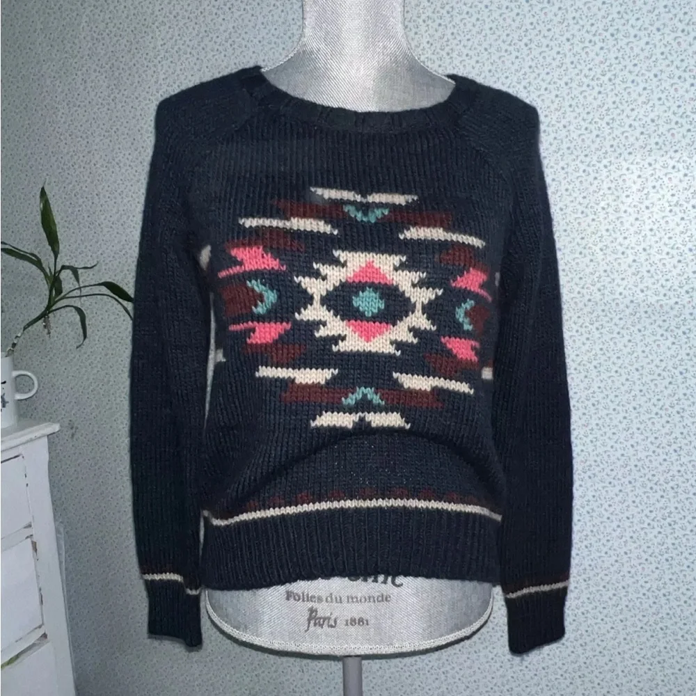 Hollister Navy Blue Sweater Aztec Crew Neck Oversized Women's XS - Picture 1 of 6